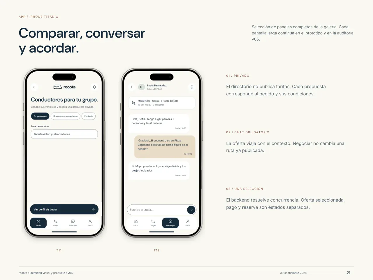 Lámina «Comparar, conversar y acordar»: dos pantallas de la app en iPhone, el directorio de conductores para un grupo y un chat para acordar el viaje, con nombres de ejemplo.