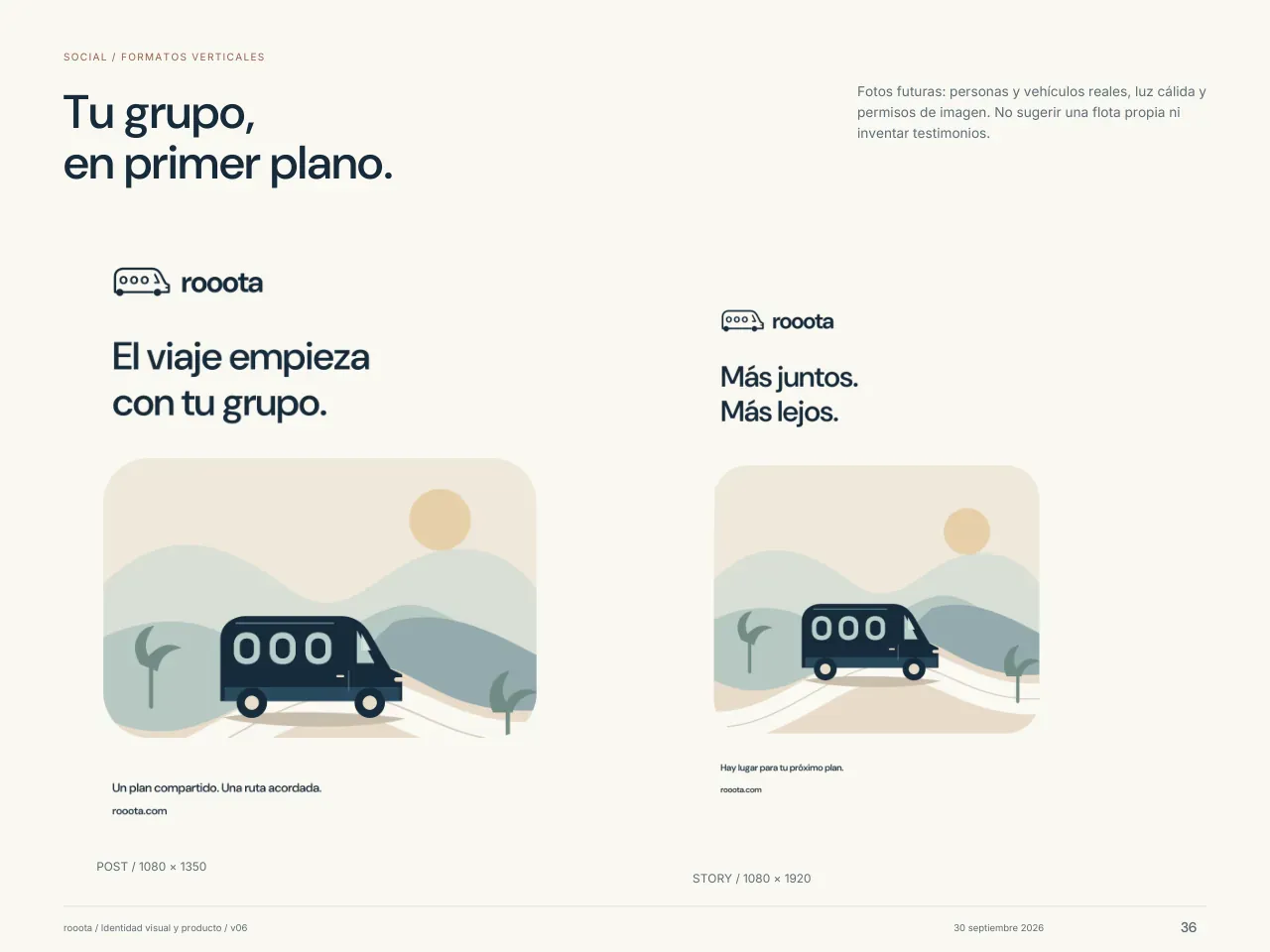 Lámina «Tu grupo, en primer plano»: un post de 1080 × 1350 y una story de 1080 × 1920, cada uno con el logo, un título corto y la ilustración de la van en la costa.