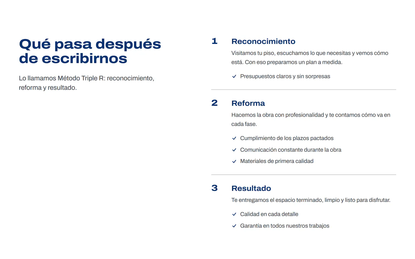 Qué pasa después de escribirnos: 1 Reconocimiento, 2 Reforma y 3 Resultado, cada paso con sus compromisos