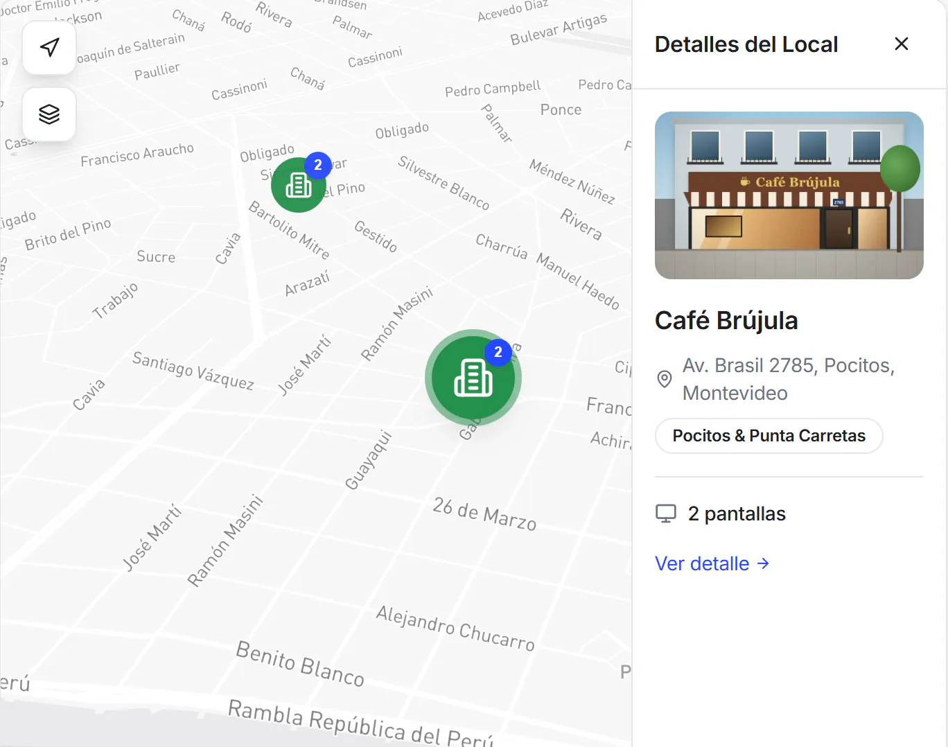 Portal del anunciante de Hiper: el mapa de Montevideo con los locales del circuito Pocitos y Punta Carretas y la ficha de uno, con su fachada y sus dos pantallas