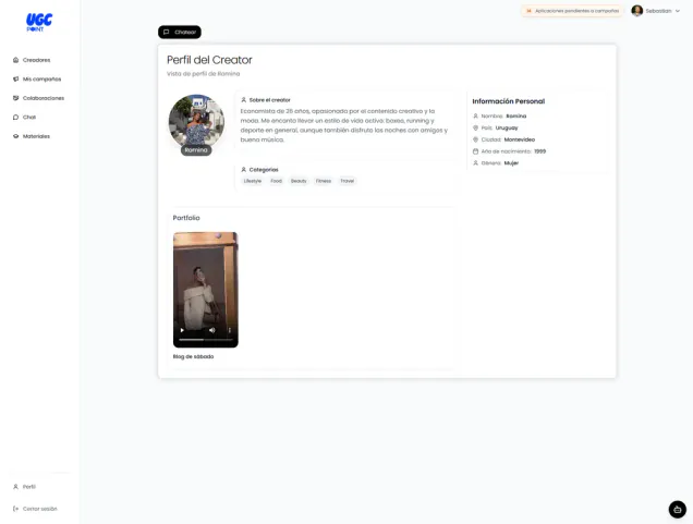 Panel de UGC Point con el perfil de un creador y sus colaboraciones