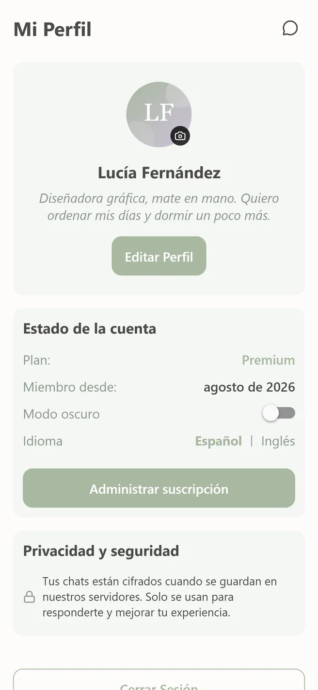 Mi perfil en Koan, de una usuaria de ejemplo con sus iniciales: plan Premium, modo oscuro, idioma y Administrar suscripción