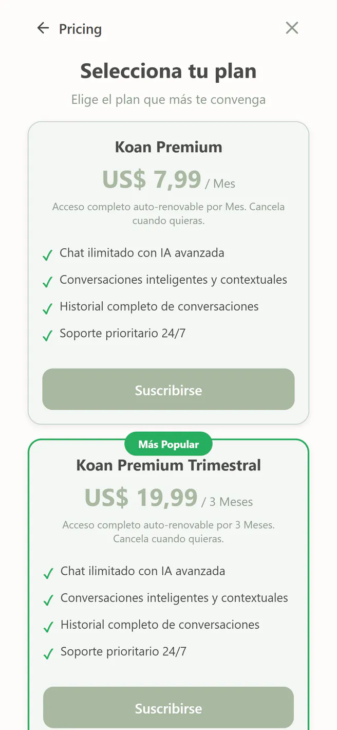 Koan en el iPhone: los dos planes de Koan Premium, mensual y trimestral, cada uno con lo que trae y el botón Suscribirse