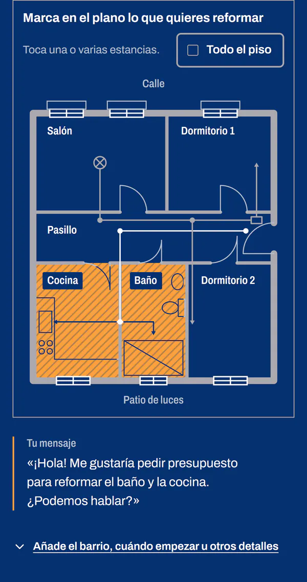 El plano en un celular, con el baño y la cocina marcados, y debajo Tu mensaje: ¡Hola! Me gustaría pedir presupuesto para reformar el baño y la cocina. ¿Podemos hablar?