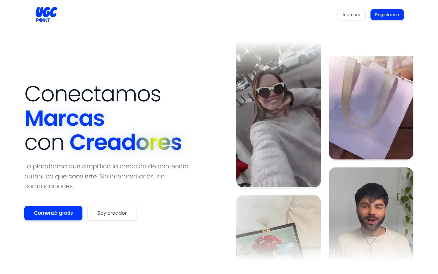 Inicio de ugcpoint.net: «Conectamos Marcas con Creadores», con videos de creadores de contenido