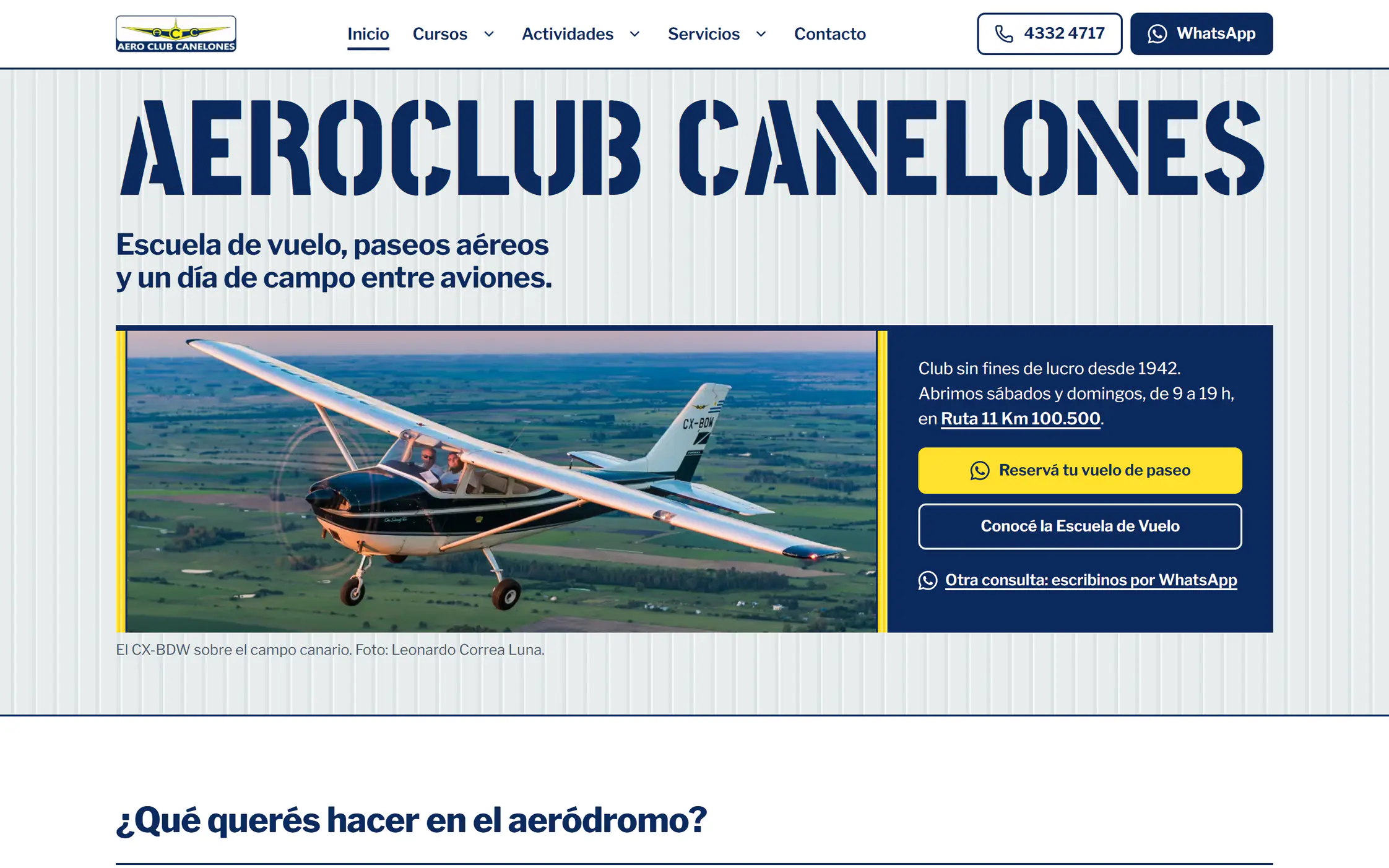 Inicio del rediseño del Aero Club Canelones: arriba, el logo del club, el menú y los botones de teléfono y WhatsApp; el nombre del club en esténcil sobre chapa, el Cessna CX-BDW en vuelo y los botones Reservá tu vuelo de paseo y Conocé la Escuela de Vuelo