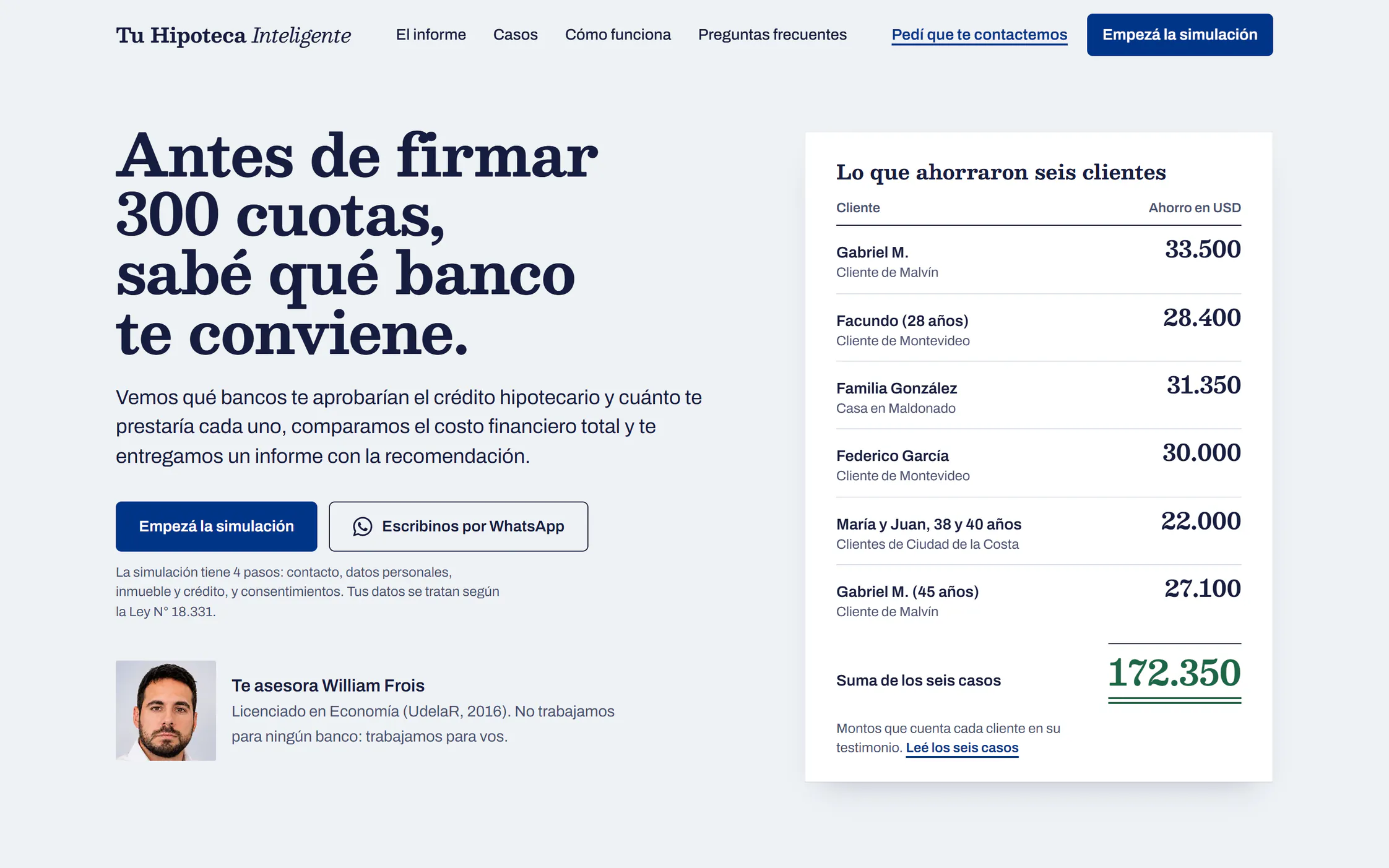 Inicio de la web de Hipoteca Inteligente: el titular «sabé qué banco te conviene», el botón Empezá la simulación y lo que ahorraron seis clientes, uno por uno