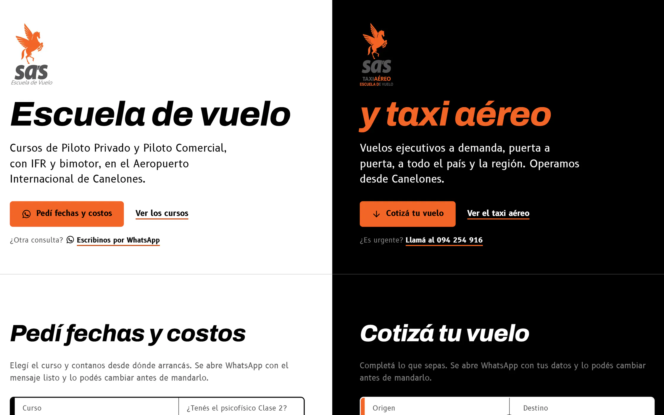 Portada del rediseño de SAS Fly School: la escuela de vuelo en blanco y el taxi aéreo en negro, cada uno con su logo y su botón