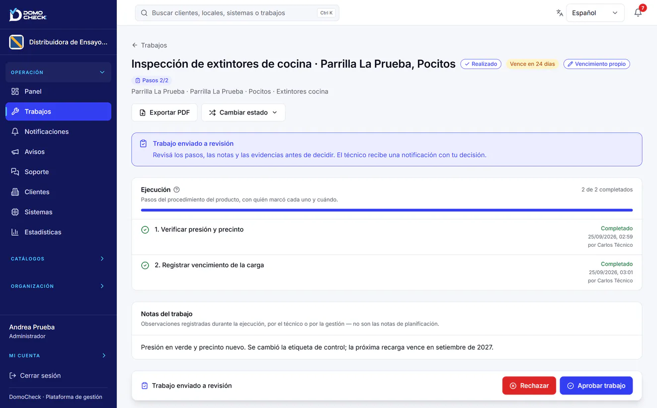 Un trabajo para revisar en el panel de la oficina, con datos de ejemplo: enviado a revisión, con sus dos pasos completados, quién marcó cada uno y cuándo, las notas del técnico y los botones Rechazar y Aprobar trabajo