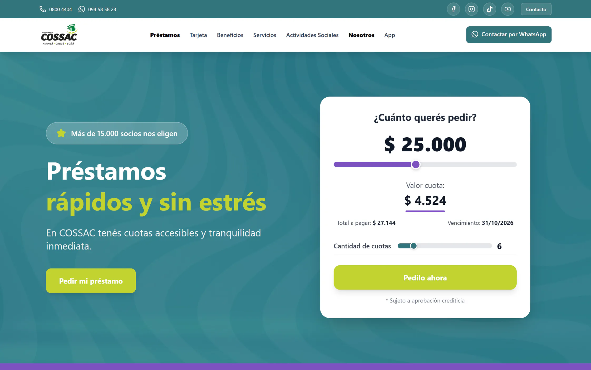 Simulador de préstamos de cossac.com.uy: 25.000 pesos en 6 cuotas de 4.524, con un total de 27.144