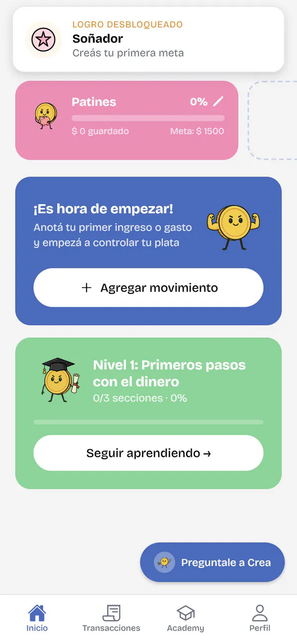 Una usuaria nueva de ejemplo crea su primera meta, Patines, y aparece el aviso del logro Soñador