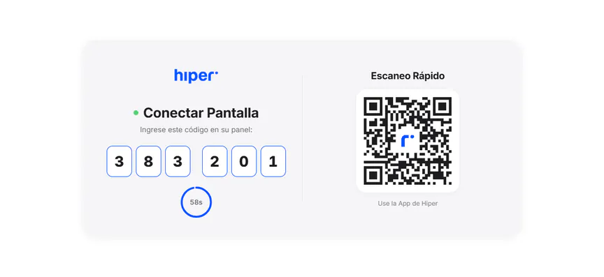 La pantalla «Conectar Pantalla» de la app de Hiper en un celular en horizontal: el código 383201 para ingresar en el panel y el QR de escaneo rápido