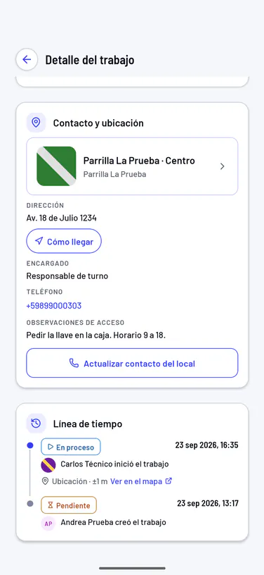 App del técnico con el trabajo ya iniciado, en la cuenta de prueba (datos de ejemplo): el contacto y la ubicación del local, con Cómo llegar, y la línea de tiempo, donde quedó que el técnico inició el trabajo con su ubicación a ±1 m, con Ver en el mapa