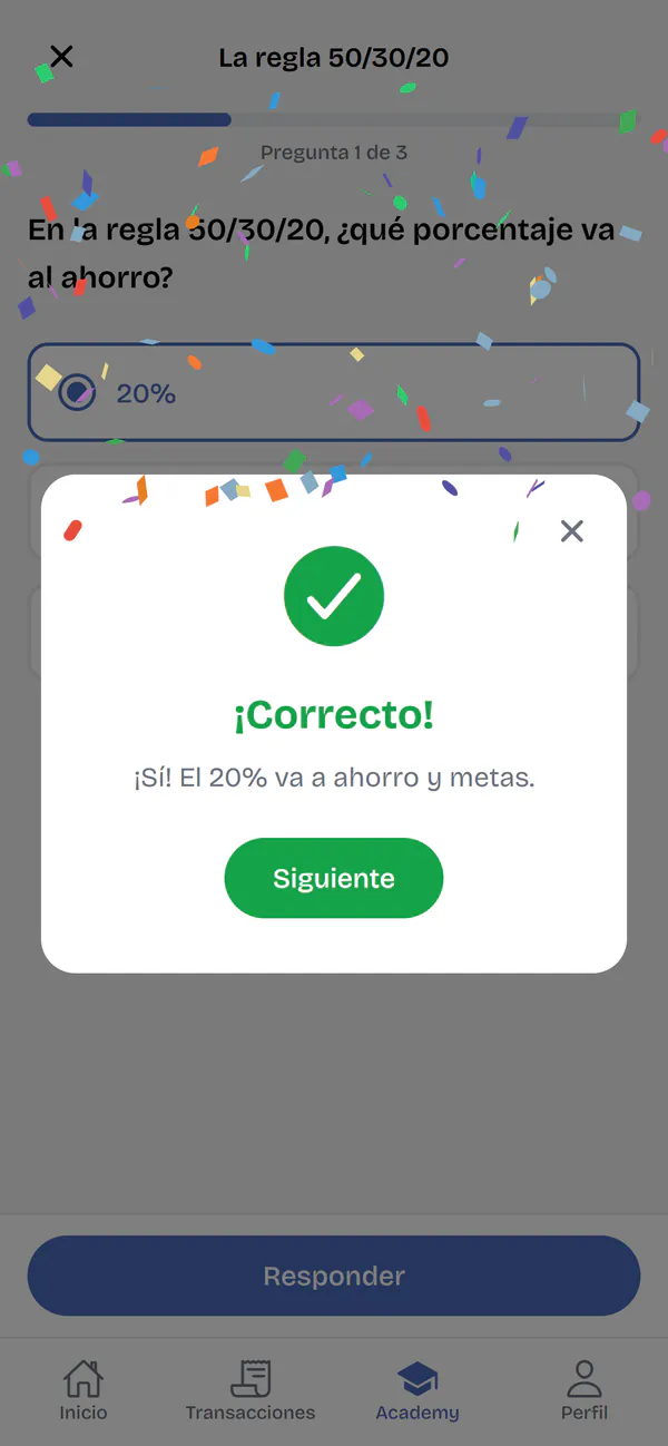 Una pregunta del quiz de la regla 50/30/20, respondida: el aviso «¡Correcto!», con confeti, dice que el 20&nbsp;% va a ahorro y metas