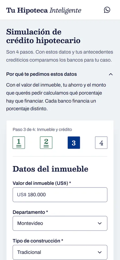 El simulador de Hipoteca Inteligente en un celular, paso 3 de 4, Inmueble y crédito: el valor del inmueble y el departamento, Montevideo, con datos de prueba