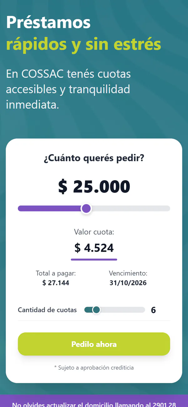 El mismo simulador de COSSAC en un celular: 25.000 pesos en 6 cuotas de 4.524, un total de 27.144, el vencimiento y el botón Pedilo ahora