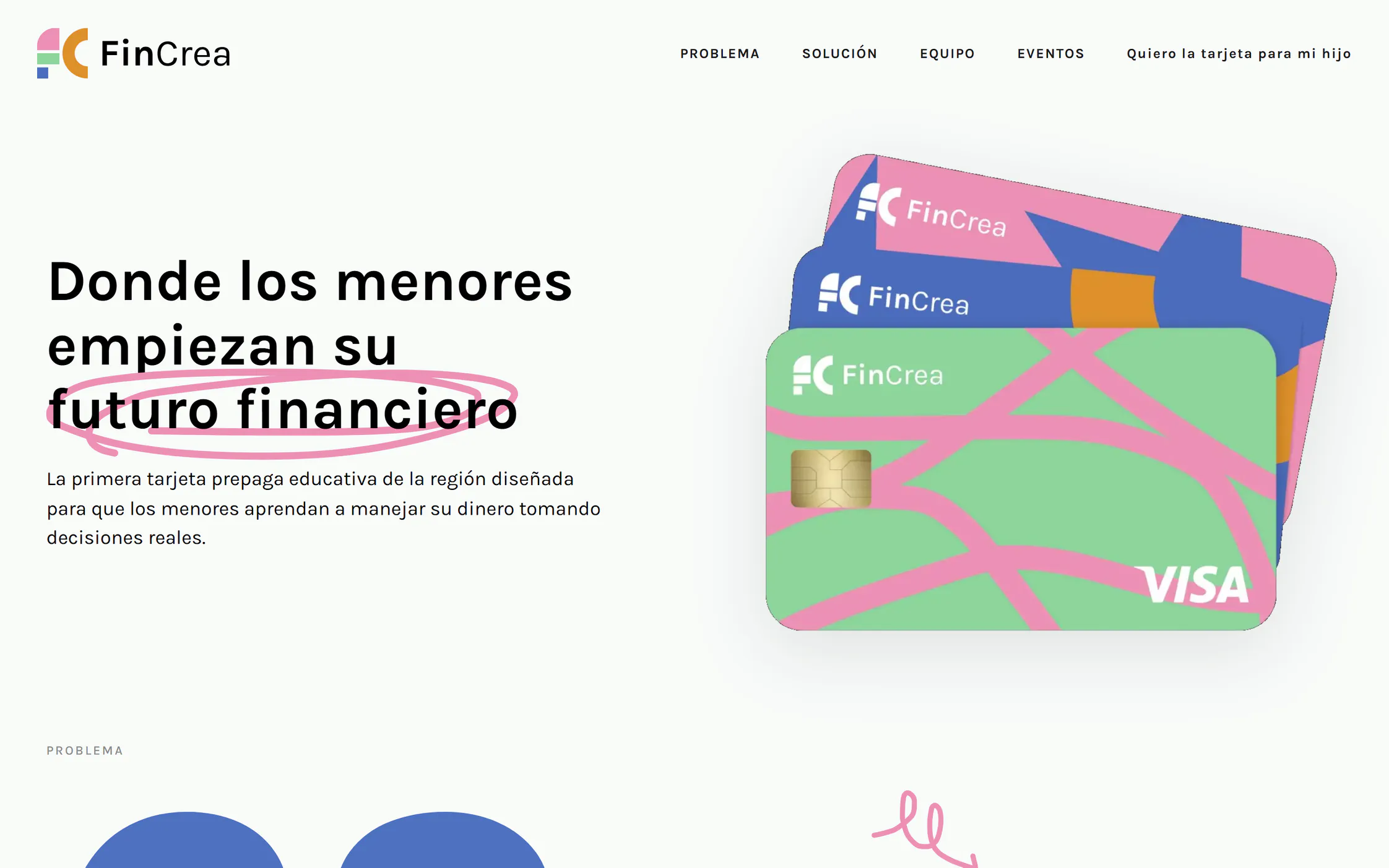 La web de FinCrea: «Donde los menores empiezan su futuro financiero», la tarjeta prepaga educativa, y tres tarjetas FinCrea de colores