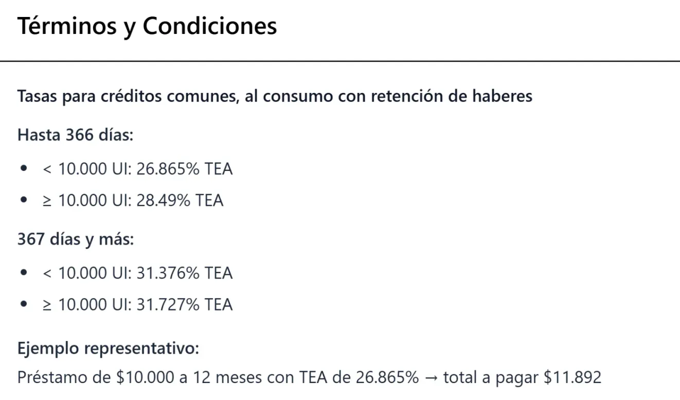 Términos y condiciones del préstamo en la web de COSSAC: tasas para créditos comunes hasta 366 días y de 367 días en adelante, según el monto
