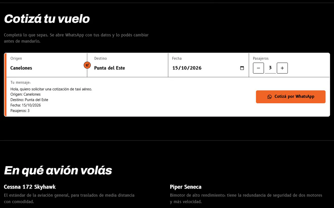 Cotizá tu vuelo, completo con datos de ejemplo: de Canelones a Punta del Este, el 15/10/2026, 3 pasajeros, y el mensaje de WhatsApp ya armado con esos datos